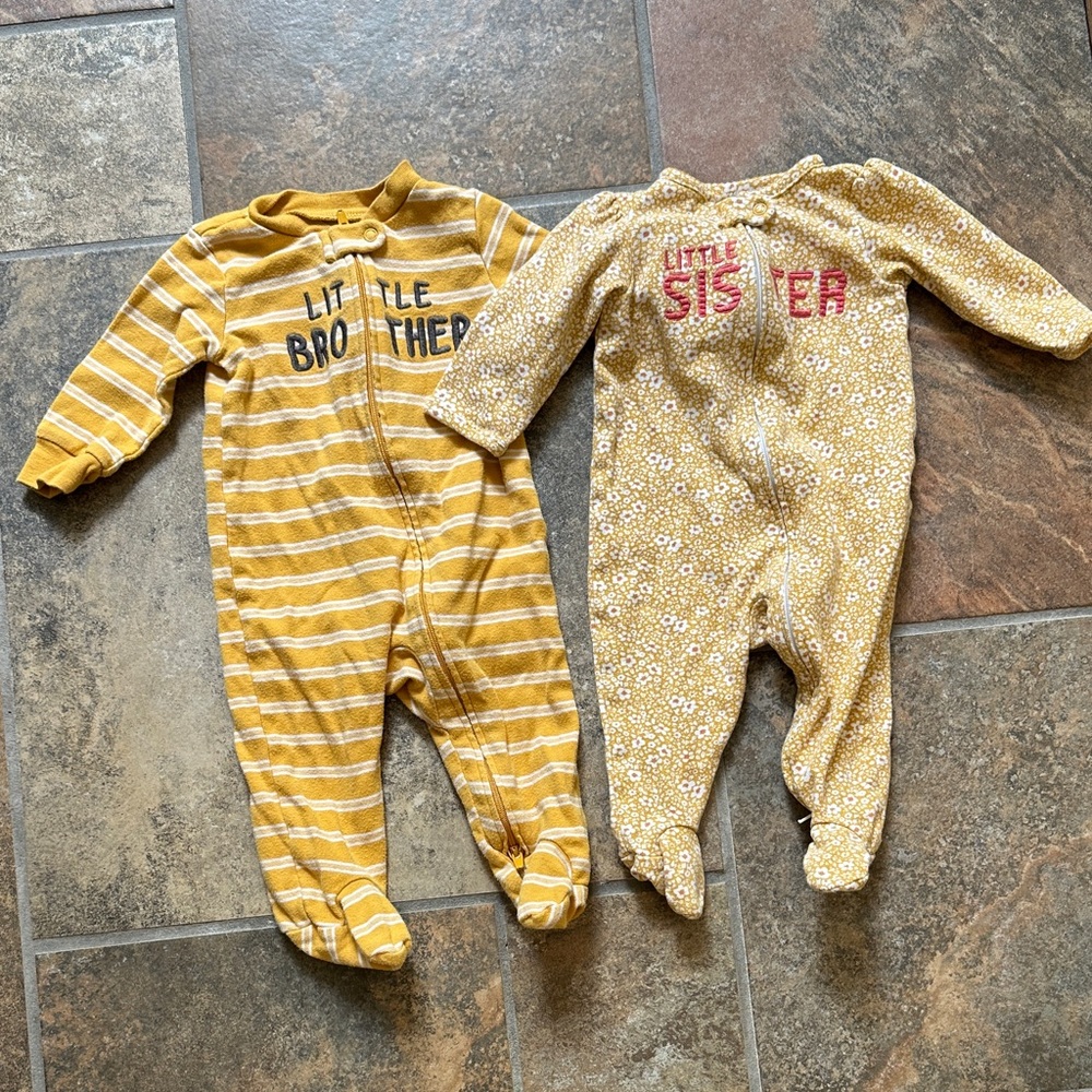 Little Brother and Little  Sister Yellow Twin matching pajamas - size 3-6 months